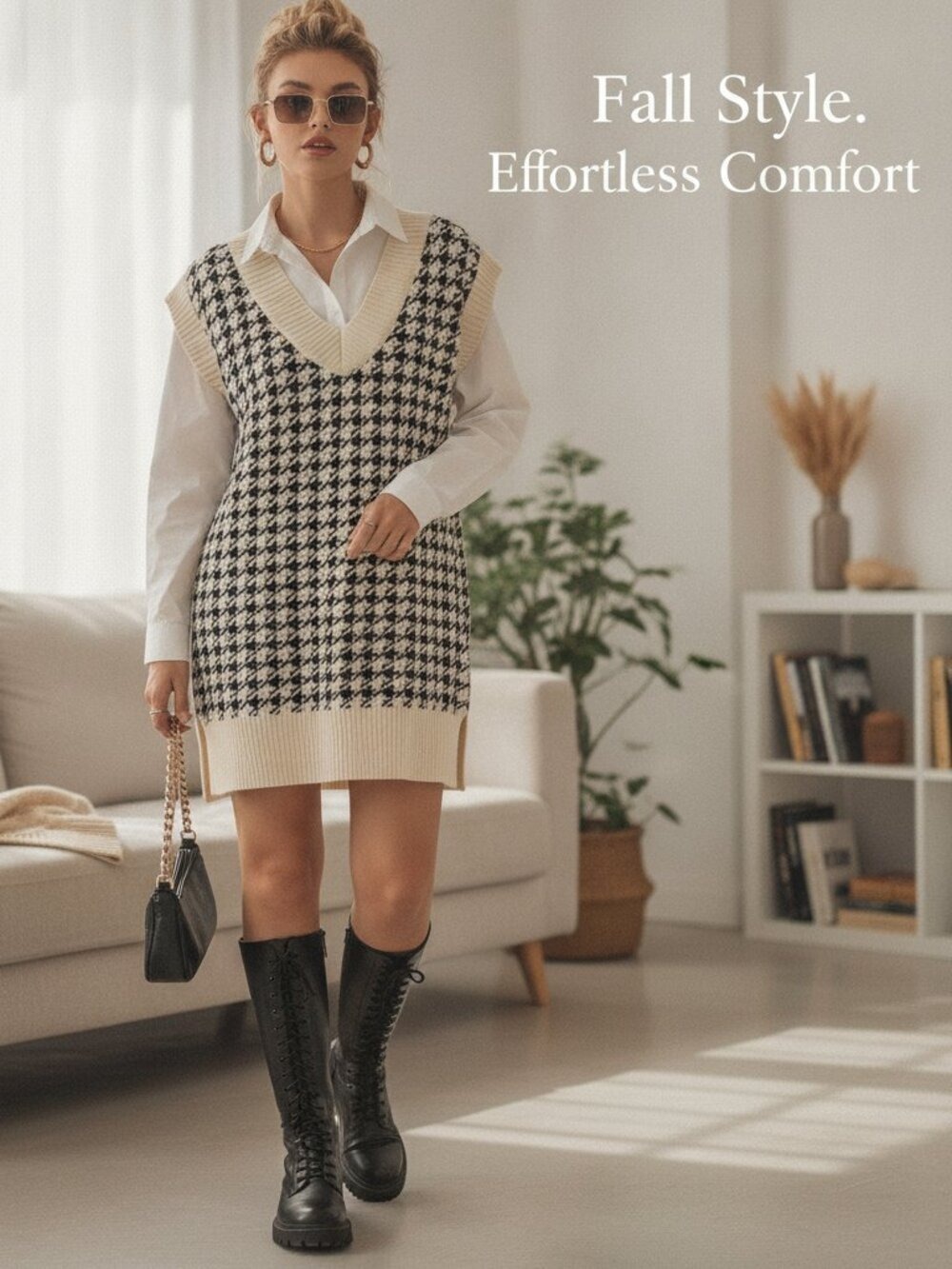 Women's Black White Houndstooth Sweater Vest Dress Oversized V Neck Knit